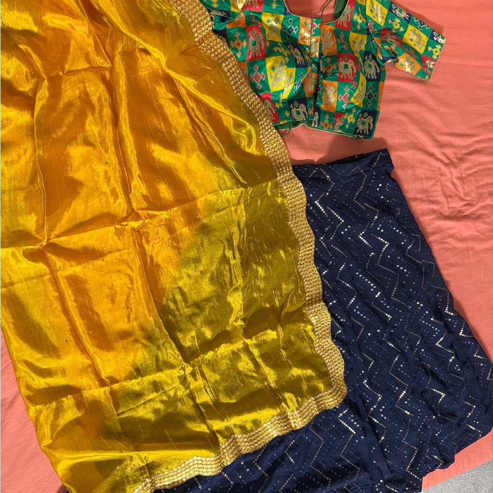 Yellow and Navy Blue Indian Traditional Outfit chaniya Choli